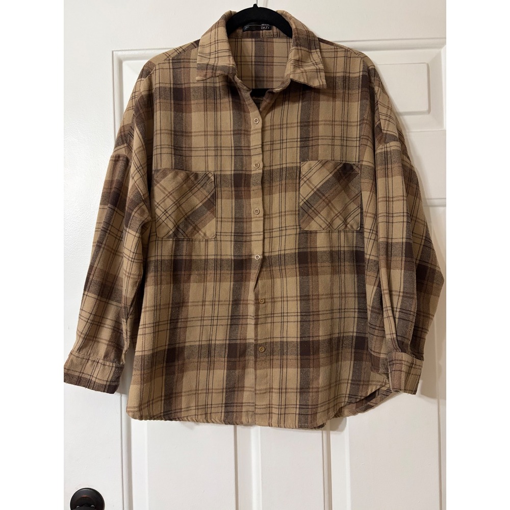 DAZY | Plaid Flannel Oversized Button Down Shirt | Size S || Brown/Tan|
